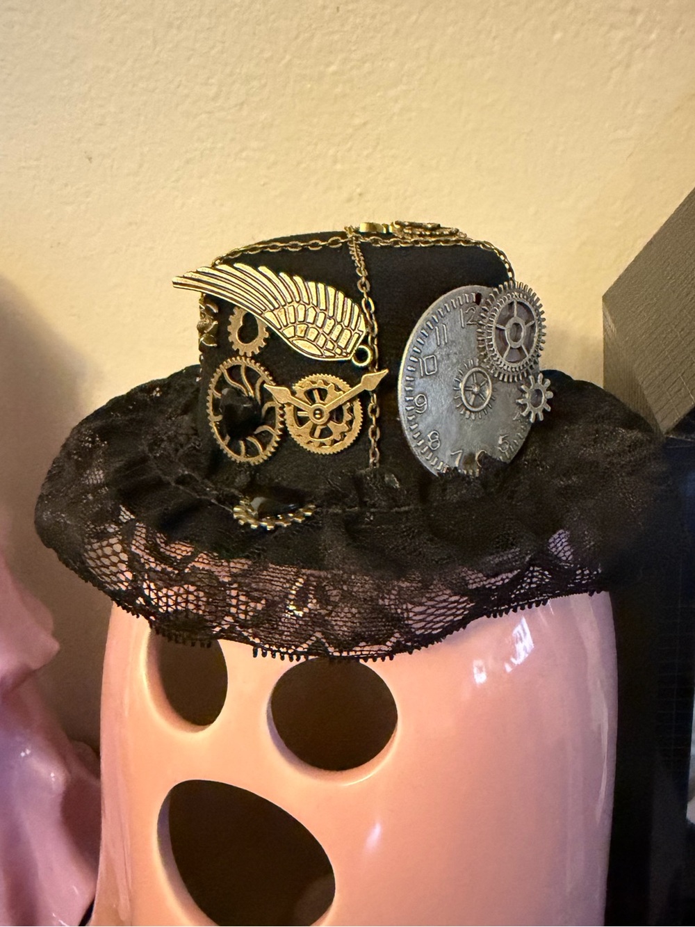 Steampunk Mini Top Hat with Lace Trim - Black and Gold